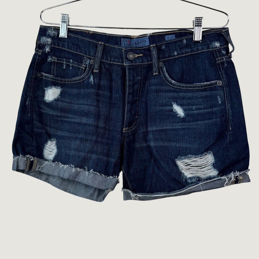 Lucky Brand The Boyfriend Short Size 2 26 Dark Wash Distressed Boho Indie
